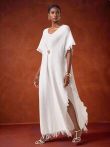 Zivah Vacation Casual Solid Color Fringe Decor Side Slit Knit Dress - White - View 2