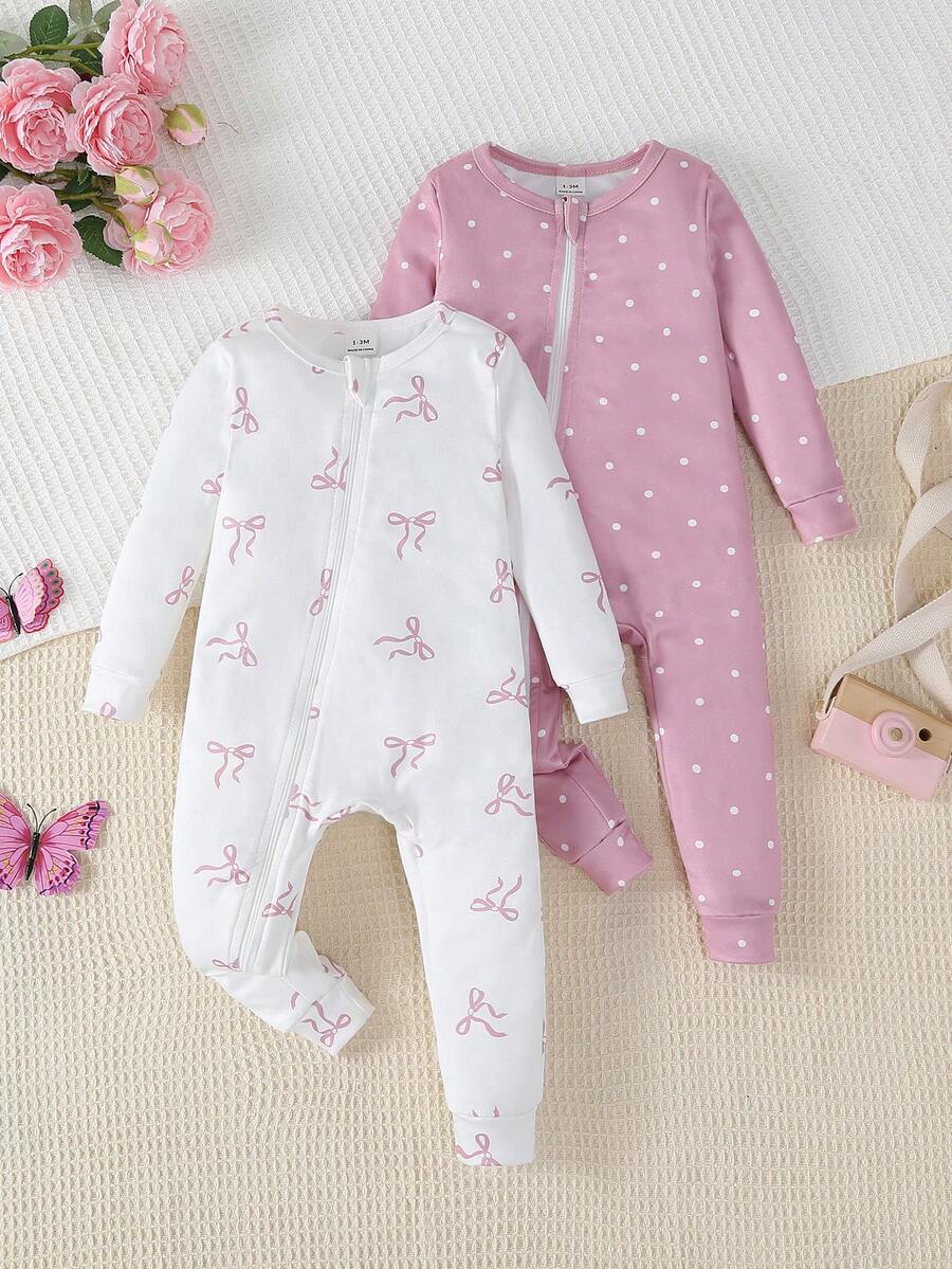 2pcs Baby Girls' Pink & White Long Sleeve Jumpsuit Pajama Set, Cute Polka Dot & Bow Print Design - Multicolor - View 1