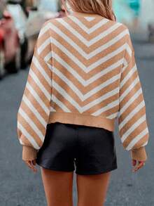 SHEIN LUNE Women's Casual Colorblock Striped Sweater, Autumn/Winter - Khaki - View 2