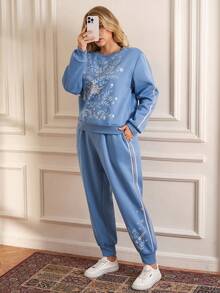 Rosumi Plus Size Floral Print Sweatshirt And Sweatpants 2 Pieces Set, Casual For Autumn/Winter Loungewear Women New Year Clothes  Stylish Clothing Collection Elegant Party Clothes For New Year Christmas Clothes For Women  Winter Clothes For Women - Blue - View 2