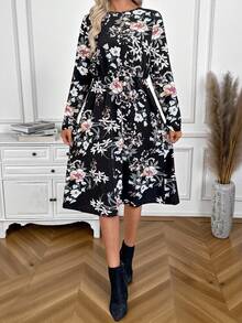 EMERY ROSE Vestido casual de manga larga con cuello redondo y estampado floral de longitud media para mujer