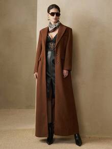 Arave Manteau d'hiver pour femmes, en tissu, avec col cranté, épaules droites, manches longues, design cintré à la taille, idéal pour les déplacements quotidiens, manteau long supplémentaire - Marron - Voir 7