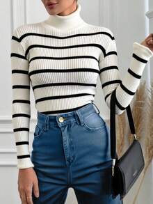 EURMUSE Striped Pattern Turtleneck Sweater - White - View 3