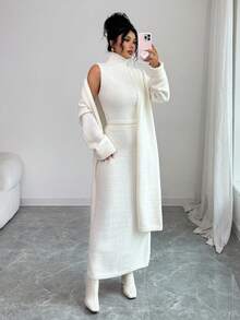 Selianne 女士秋冬高端三件套：高领毛衣+裙子+长款开衫，休闲别致的通勤针织套装 - 米色 - 查看 1