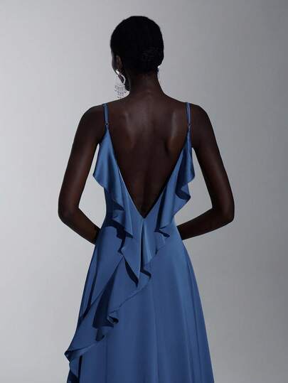 Elitara Vestido de dama de honor con cuello en V profundo y volantes de unicolor elegante