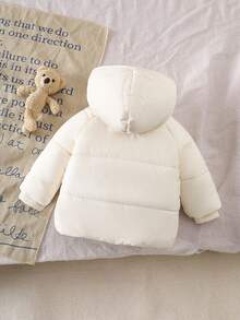 SHEIN Playful Pals Áo khoác mùa đông dày dặn phong cách thường ngày ấm áp có mũ trùm đầu cho bé gái từ 6 tháng đến 3 tuổi - Màu be - Xem 2