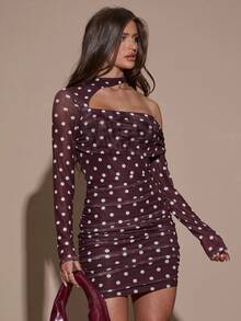 SHEIN BAE 女式波尔卡圆点印花不对称肩长袖连衣裙 - 彩色 - 查看 7