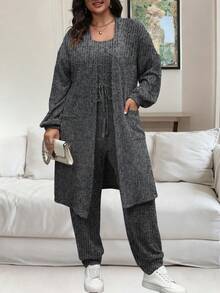 Vionelle Bộ đồ liền thân 2 món thường ngày, áo khoác dài tay trễ vai màu trơn cỡ lớn dành cho nữ, mùa thu - Xám - Xem 7