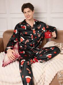 Manfinity CoupledUp Weihnachtsthema Muster Schwarz Faux Seide Stil Herren Oberteil & Hose Pyjama Set Herbst Winter Kleidung