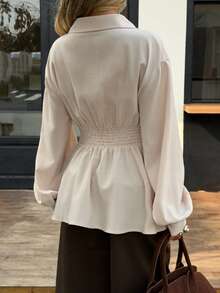 Siren Gaze Women's Autumn/Winter New Waist Cinched A-Line Long Sleeve Shirt Peplum Blouse Women Blouses Elegant Modest Blouse Casual Spring - Apricot - View 2