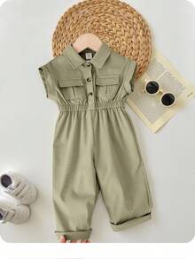 SHEIN 女婴夏季可爱实用绿色短袖束腰领口连体衣