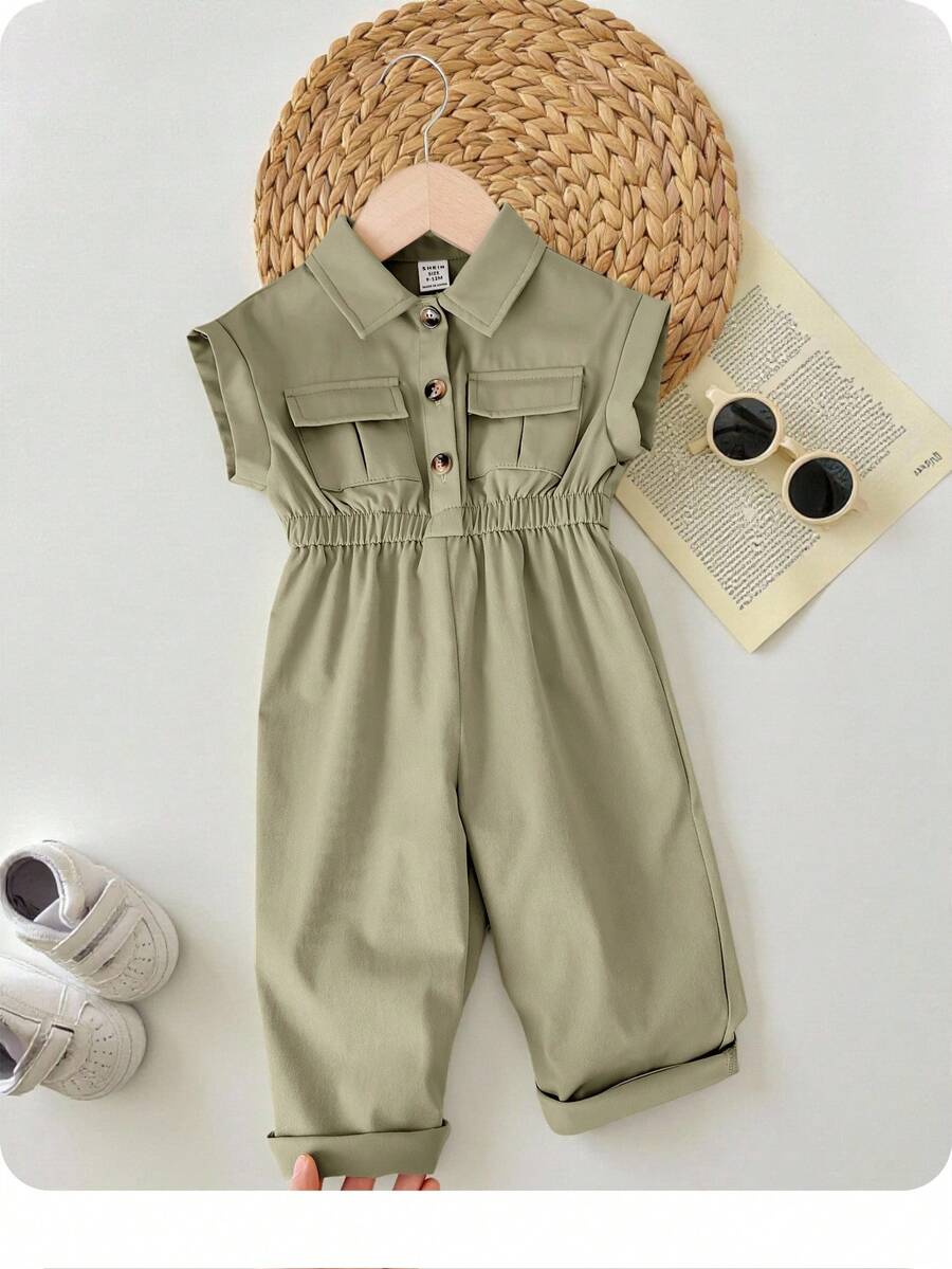 SHEIN 女婴夏季可爱实用绿色短袖束腰领口连体衣