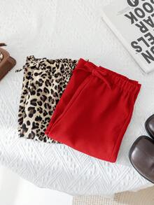 2件套宽松休闲豹纹阔腿裤和纯红色阔腿裤，宽松版型 - 彩色 - 查看 4