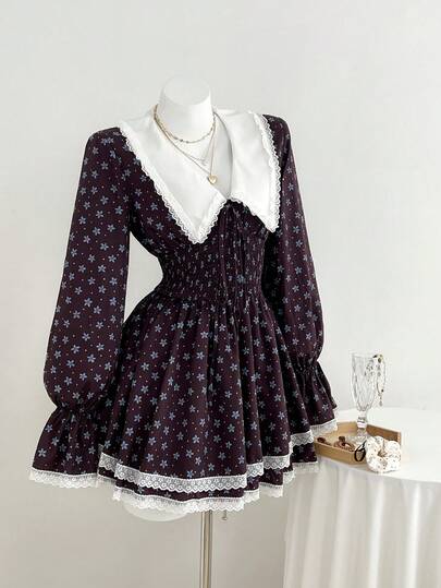 Elamini 女式优雅休闲通勤百搭腰部收紧双层下摆蕾丝花边棕色碎花长袖短款连衣裙