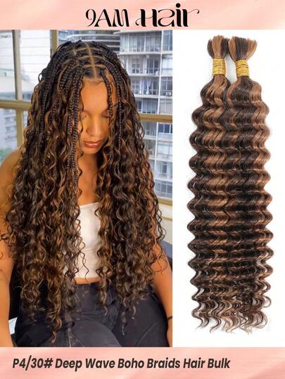 Boho Braids 2pcs Braiding Hair Bulk No Weft Deep Wave Crochet Human Hair Paino Color P4/30# Virgin Human Hair Extension Knotless Braids Hair Extensions Halloween Costumes