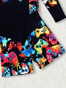 2pcs Tween Boy Cartoon Game Console Print Long Sleeve Top + Shorts Swimsuit Set, Beach/Vacation - Black - View 5