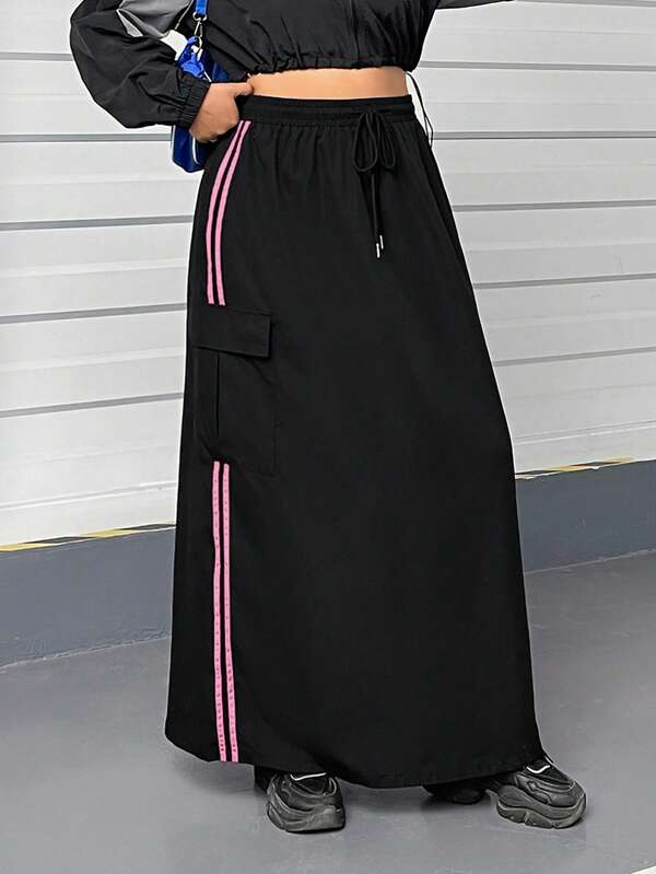 SHEIN EZwear Plus Size Women Street Style Casual Side Stripe Long Skirt
