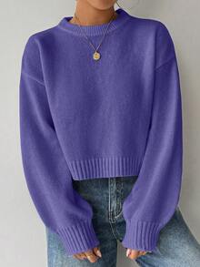 SHEIN LUNE Áo len nữ cổ tròn tay dài màu trắng đơn giản, thoải mái - Bold Plum - Xem 6