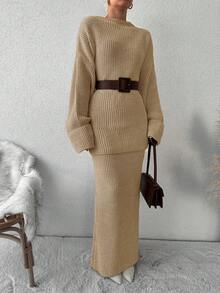 EURMUSE 2pcs Women Solid Color Long Sweater Top And Mini Skirt Set - Camel - View 4