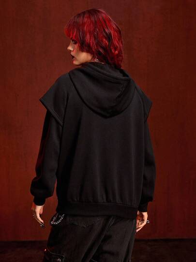 The Conjuring X ROMWE Sweat-shirt à capuche décontracté 2-en-1 pour femmes avec graphique de silhouette sombre et graphique de lettre, printemps/automne