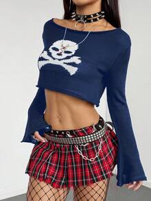 StreetHx New Halloween Black & White Hollow Out Cropped Loose Fashionable Mischievous Dark Bell Sleeve Sweater - Navy Blue - View 4