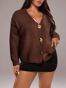 Rustia Plus Size Cardigans, Loose Fit, Shell Metal Button Decor, Solid Color CASUAL - Brown - View 6
