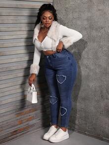 SHEIN SXY 大码女式牛仔裤 紧身弹力爱心刺绣长裤 蓝色女式牛仔裤 女式妈妈牛仔裤 牛仔裤 牛仔裤 裤子 紧身牛仔裤 弹力牛仔裤 - 深色水洗藍 - 查看 7