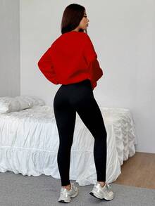 SHEIN EZwear 2 件纽约图案印花宽松圆领运动衫和紧身打底裤套装，春秋 - 彩色 - 查看 2