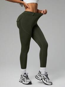 Dewbera Quần legging bó co giãn màu trơn cho nữ, quần thể thao thường ngày cho mùa thu - xanh quân đội - Xem 5