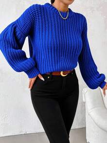 EURMUSE Women's Crew Neck Solid Color Long Sleeve Knitted Sweater - Royal Blue - View 3