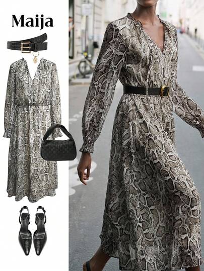 Maija 女士时尚蛇皮印花锁孔扭纹领荷叶边袖喇叭下摆连衣裙，不含腰带，春秋装