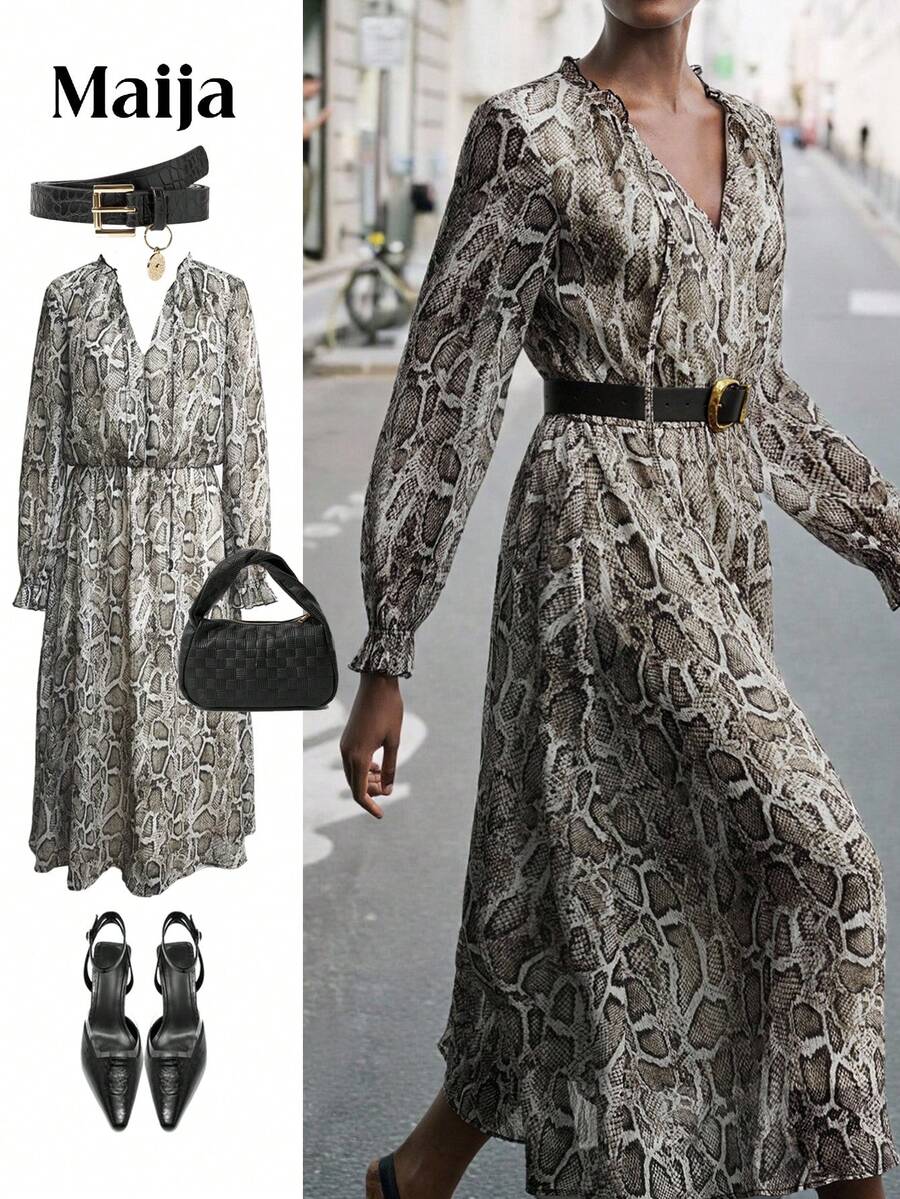Maija 女士时尚蛇皮印花锁孔扭纹领荷叶边袖喇叭下摆连衣裙，不含腰带，春秋装 - 彩色 - 查看 1