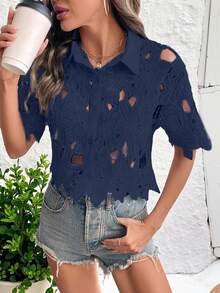 EMERY ROSE Women's Hollow Out Design Short Sleeve Single-Breasted Fashion Shirt Christmas