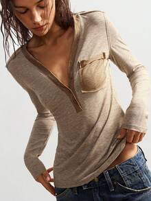 Bohemela 休闲纯色V领长袖修身女式T恤