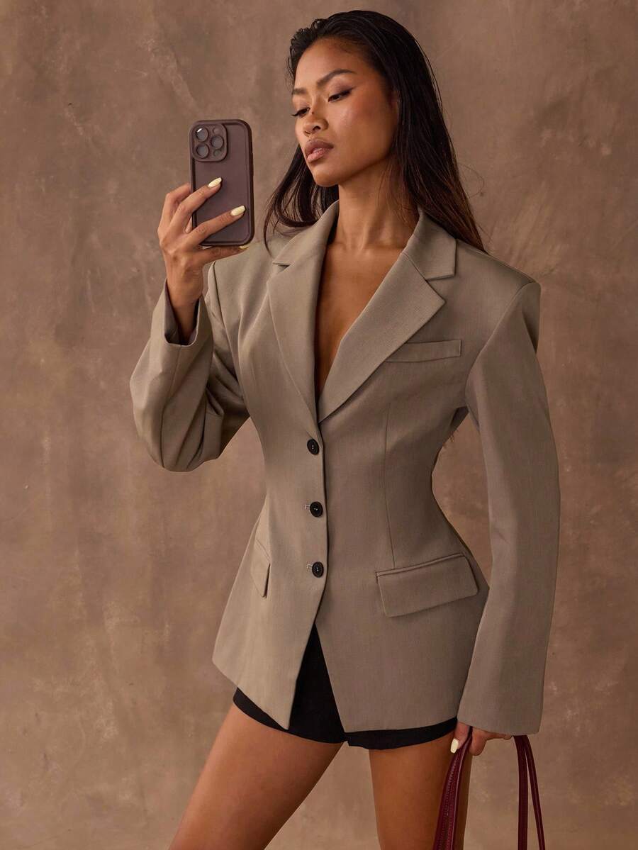 SHEIN BAE 女式纯色翻领长袖收腰前扣时尚垫肩西装外套，女式西装外套，女式办公室服装，秋冬女式定制衬里西装外套 - 灰色 - 查看 1