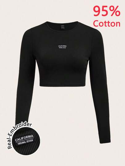 SHEIN BASICS Women's Casual Versatile Fitted Cropped Long Sleeve T-Shirt, 95% Cotton, Suitable For Autumn/Winter
