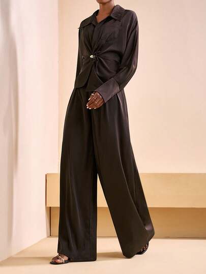 Zivah 2025 Autumn New Music Festival, Easter, St. Patrick's Day, Western Style, Nomadic Style, Birthday Party, Graduation Season, College Style, Student Wear, Daily Outings, Basic Versatile, Casual, Vacation, Cruise Travel, Beach, Sunbathing, Viral Hits, Streetwear, Wedding Guest Boho Style, Commuter Style, Brunch Outfit, Airport Outfit, Party, Holiday Outings, Elegant Banquet Shirt Blouse Decorative Button Commuter Shirt Brown Shirt And Wide Leg Pants With Pockets 2-Piece Set