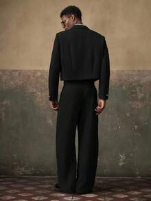 AKNOTIC 2pcs Men's Woven Casual Loose Fit Long Sleeve Blazer And Straight Leg Pants Suit Set, Wedding - Black - View 2