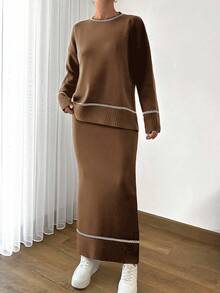 EURMUSE Women Solid Color Round Neck Drop Shoulder Stripe Pattern Pullover & Sweater Skirt Set - Brown - View 4