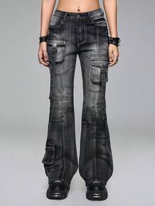 ROMWE Grunge Punk Spring/Summer Black Distressed Punk Metal Rivet Super Low Waist Flare Jeans - Grey - View 2