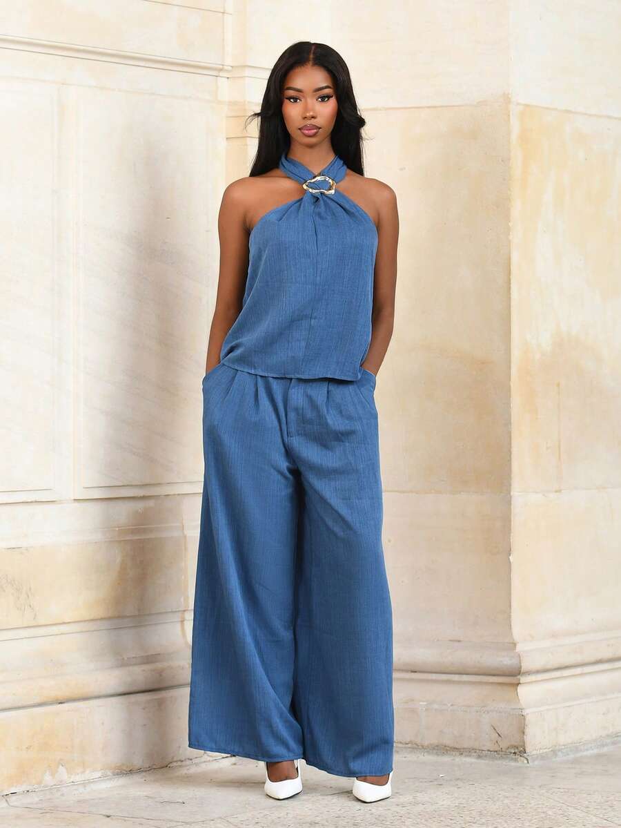 Mima John 2pcs/Set Vintage Coin Decor Halter Neck Top And Wide Leg Pants Set, Suitable For Early Summer - Blue - View 1
