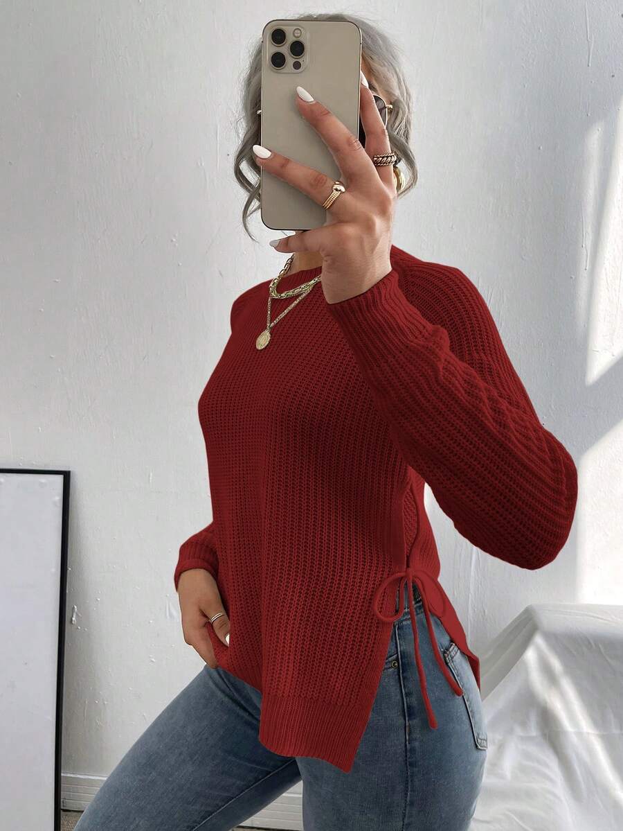 EMERY ROSE Women's Minimalist Solid Color Side Slit Ribbed Knit Sweater, Autumn/Winter - Redwood - View 1