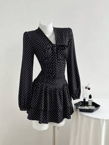 Elamini Váy ngắn chấm bi co giãn tay dài thắt eo phong cách ngọt ngào dành cho nữ mùa thu/đông - màu đen - Xem 1