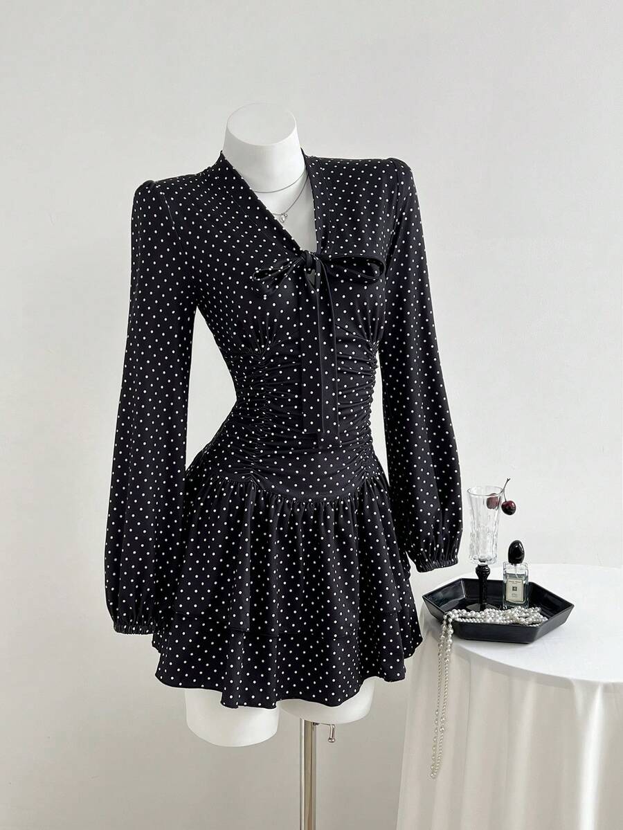 Elamini Váy ngắn chấm bi co giãn tay dài thắt eo phong cách ngọt ngào dành cho nữ mùa thu/đông - màu đen - Xem 1
