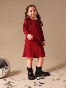SUMWON Girls Long Sleeve Ribbed Knit Sparkle Dress With Ruffle Shoulders Holiday Party Winter Sweater Dress - Burgundy - View 4
