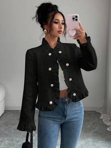 Elenzga 时尚优雅的通勤荷叶边拼布夹克 - 黑色 - 查看 5