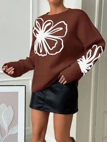 EURMUSE Women's Floral Embroidery Contrast Color Crew Neck Pullover Sweater, Autumn/Winter - Rust Brown - View 6