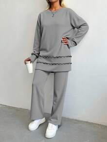 Cloudara Drop Shoulder Sweater & Knit Pants - Light Grey - View 3
