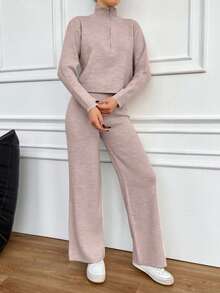 EURMUSE 2pcs Women Autumn/Winter Casual Solid Color Knitted Sweater & Pants Set - Dusty Pink - View 5