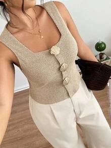 Lounesse Plus Size Tank Top, Plus Size Shell Button Decor, Beige Ribbed Fabric, Fashionable At Home Casual Plus Size Camisole - Apricot - View 6